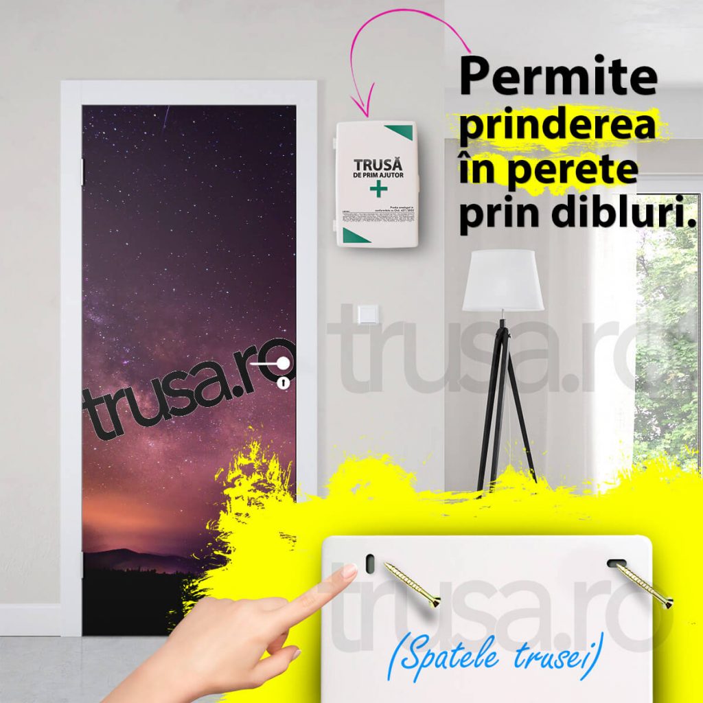 Trusa medicala permite prinderea in perete prin dibluri.